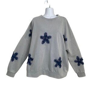 NWT Blue Velvet Oversized Sweatshirt Floral Color Washed Denim Sz L/XL